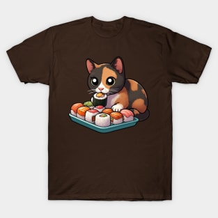 Tortie Cat Eating Sushi T-Shirt